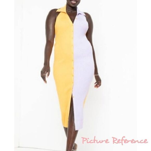 Eloquii Ribbed Colorblock Halter Collared Button Front Midi Dress Size 18/20 - Picture 2 of 10